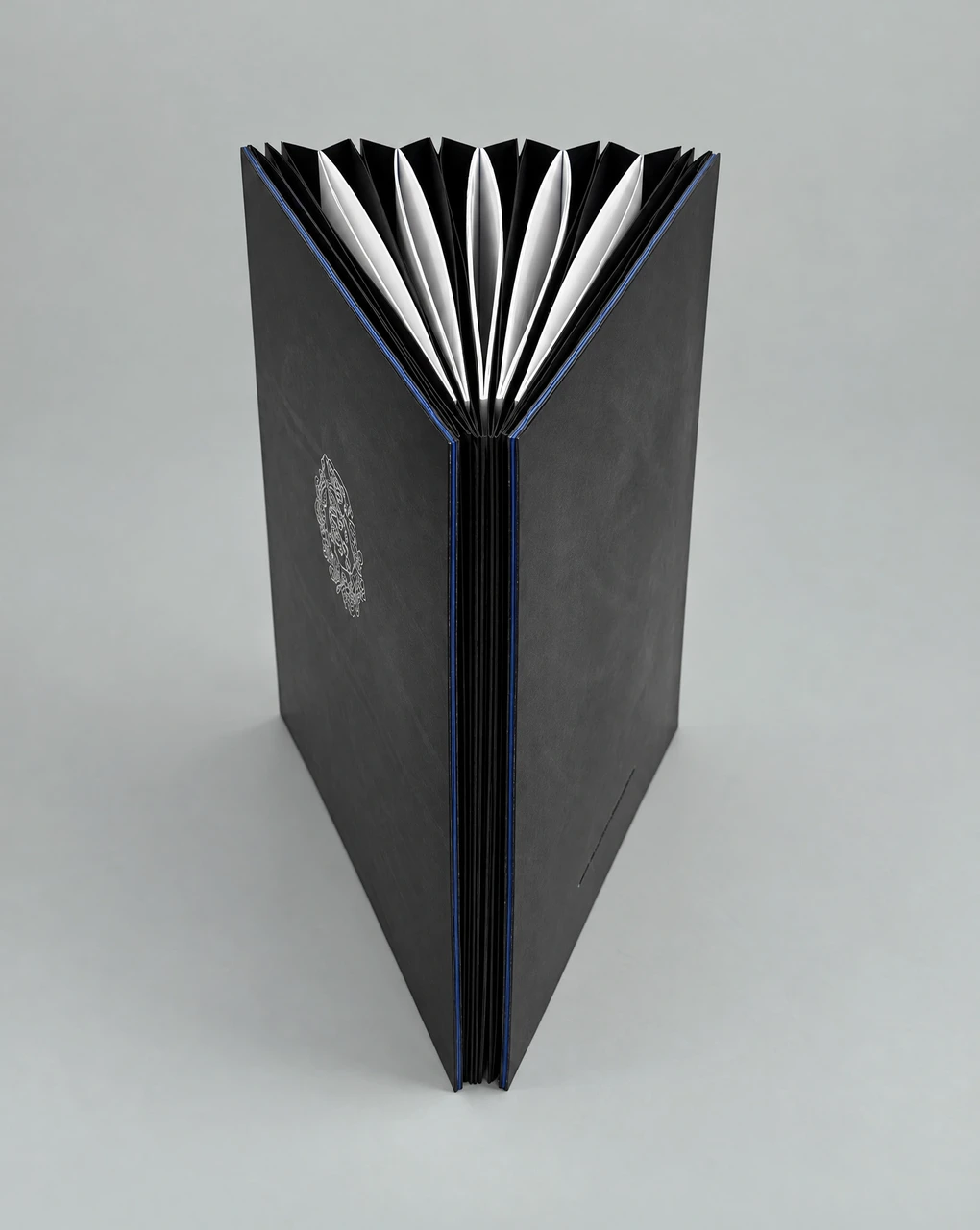 The volume seen from above: a concertina-folded spine with white sheets between black dividers