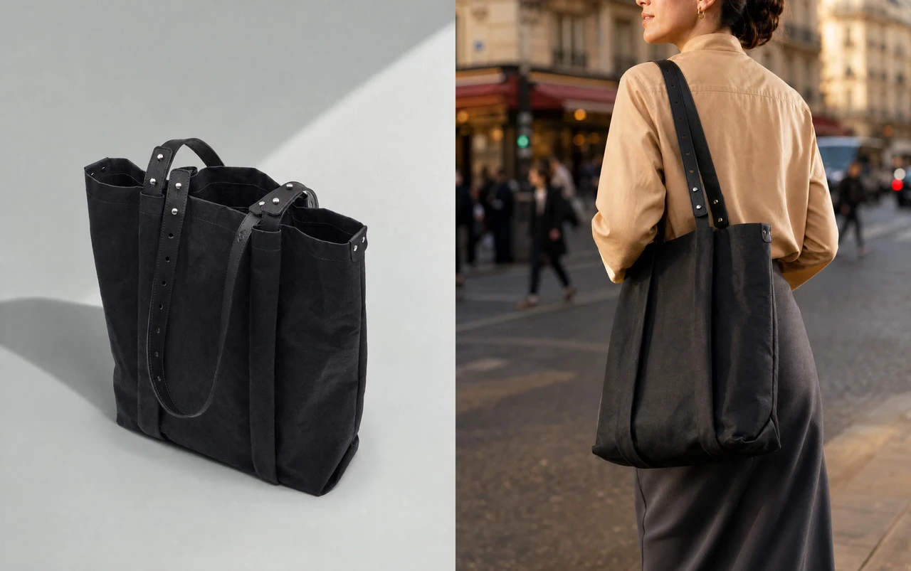 The black cellulose-fibre tote with leather straps, and the same bag worn on a city street