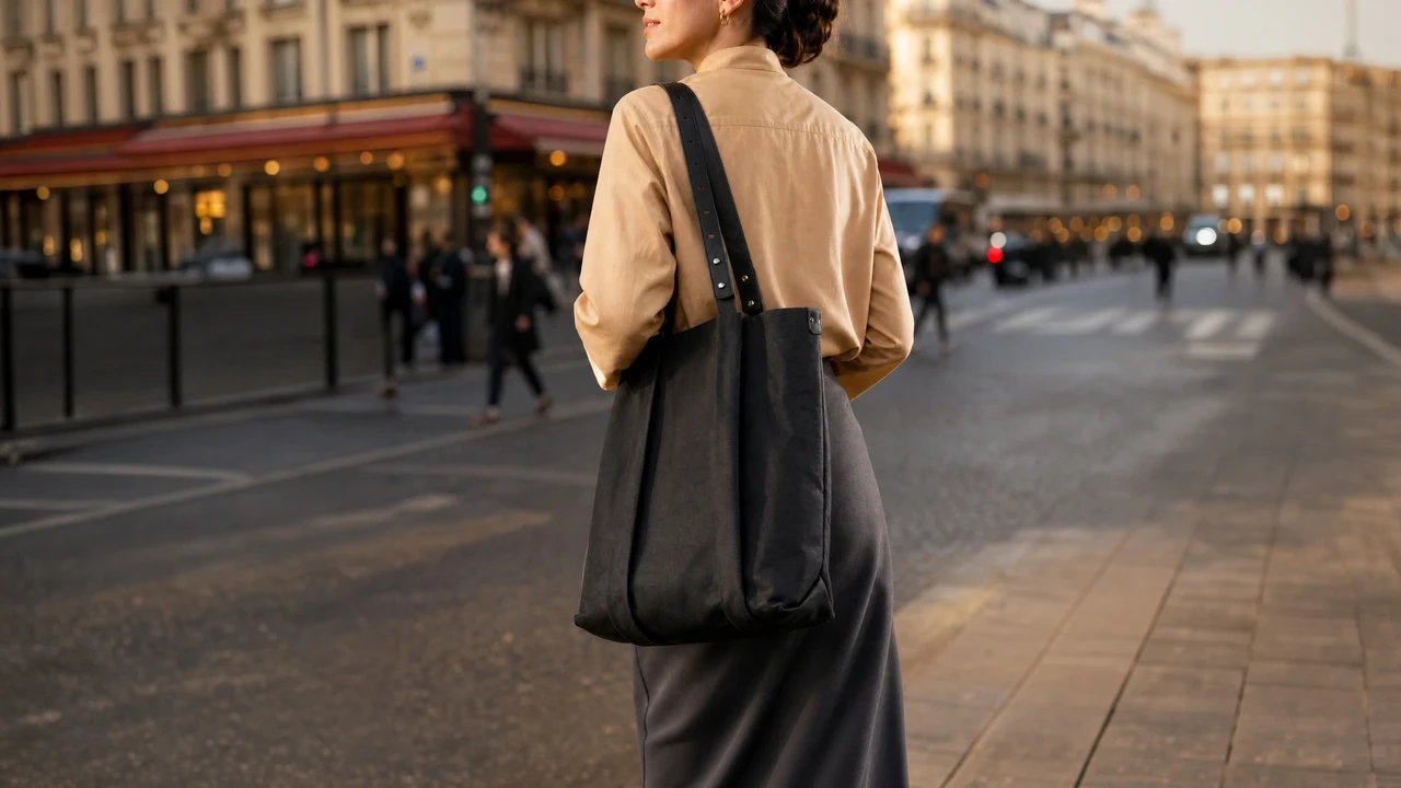 The cellulose-fibre tote bag by Stella Soomlais, worn on a city street