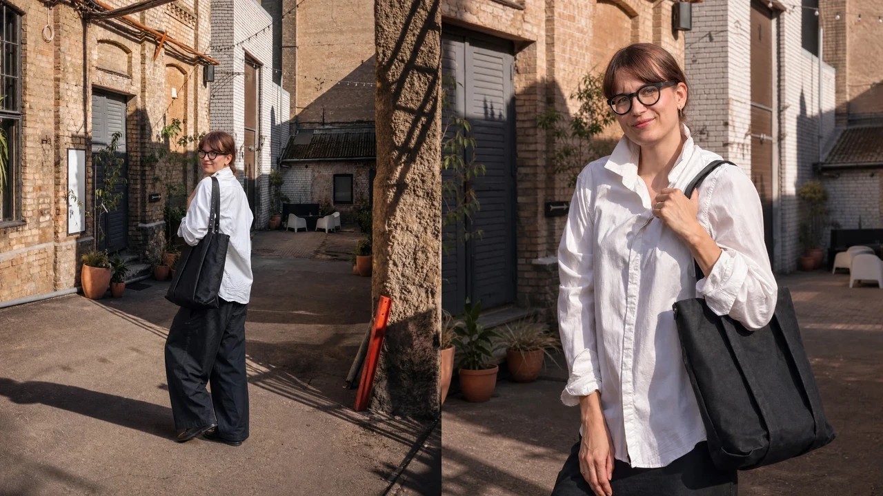 Stella with the cellulose-fibre tote in the Telliskivi Creative City courtyard — a BRUNO 2026 nominee